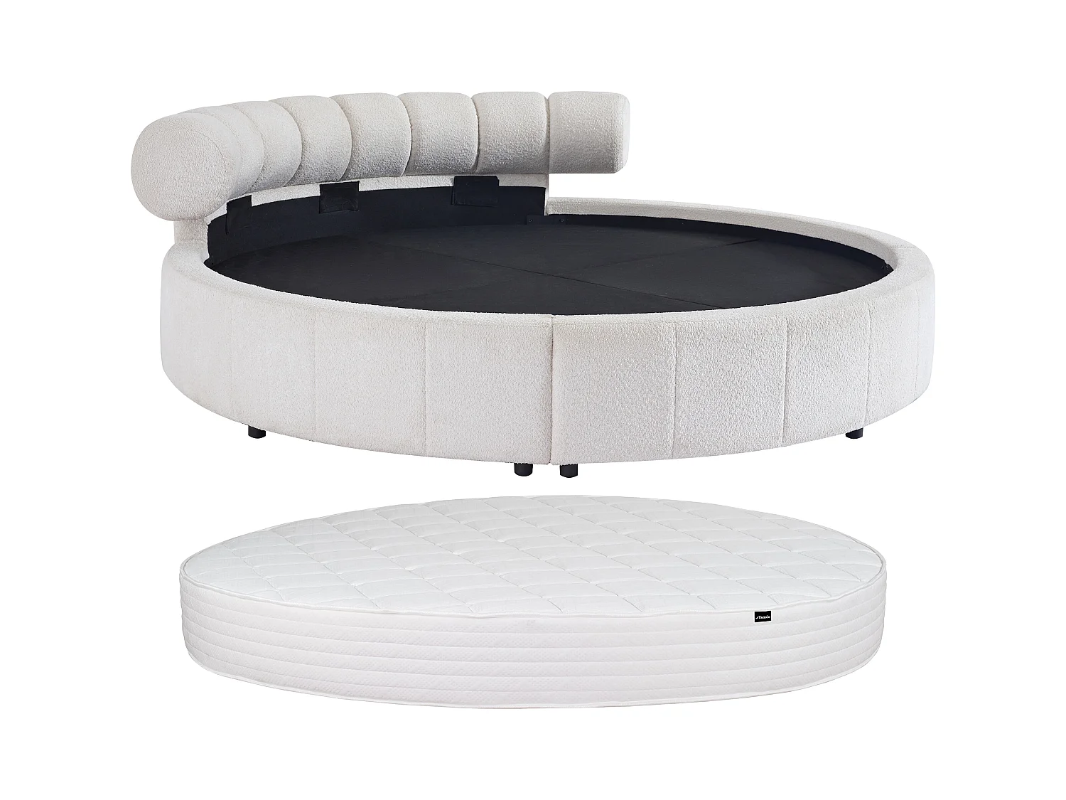 Lit rond 220 x 220 cm - Tissu bouclette - Blanc + Matelas - ROGILA