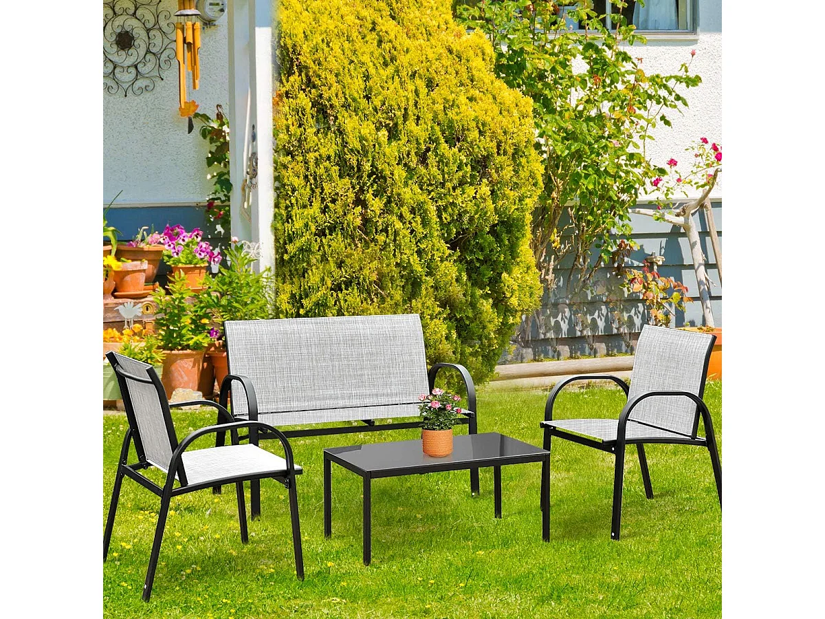 Salon de Jardin 4 Places 4 Pièces en Textilène avec 2 Chaises 1 Banc et 1 Table Basse Vitrée Cadre en Métal pour Baclon/Terrasse/Patio,Gris