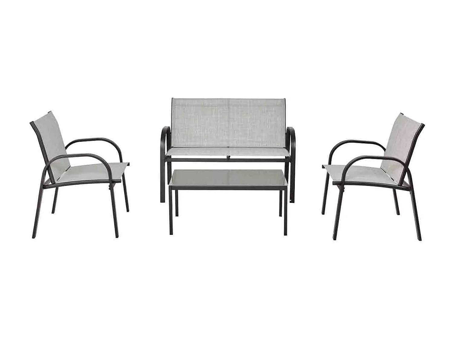 Salon de Jardin 4 Places 4 Pièces en Textilène avec 2 Chaises 1 Banc et 1 Table Basse Vitrée Cadre en Métal pour Baclon/Terrasse/Patio,Gris