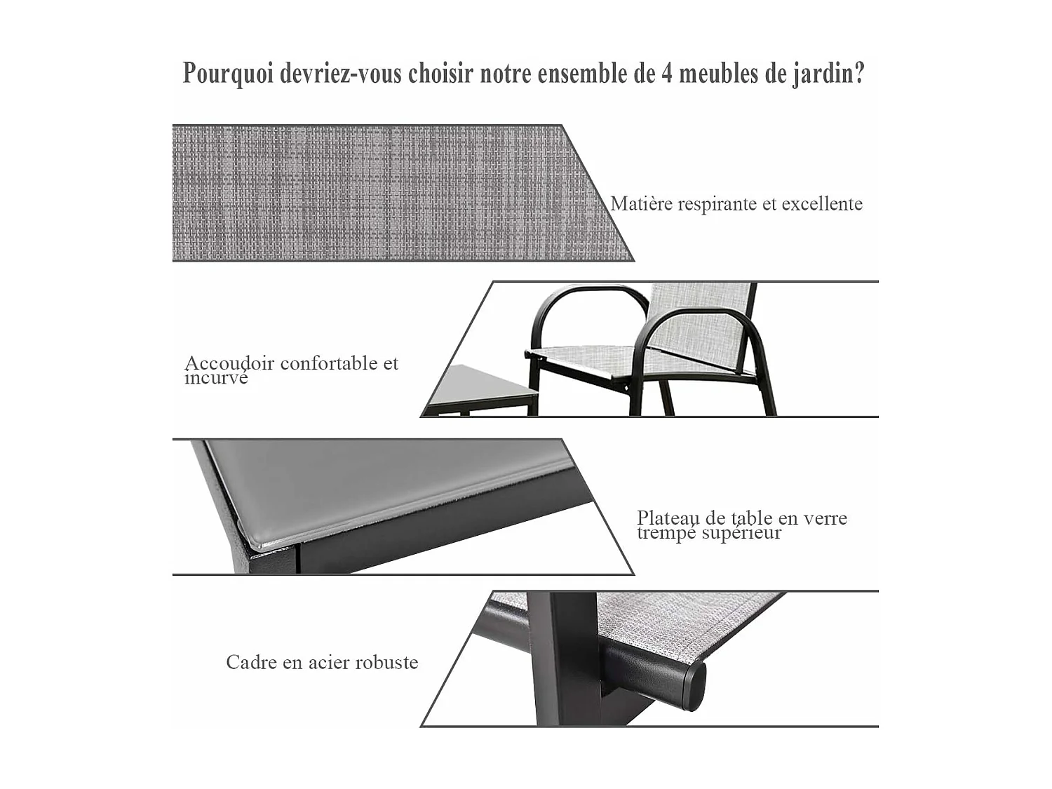 Salon de Jardin 4 Places 4 Pièces en Textilène avec 2 Chaises 1 Banc et 1 Table Basse Vitrée Cadre en Métal pour Baclon/Terrasse/Patio,Gris