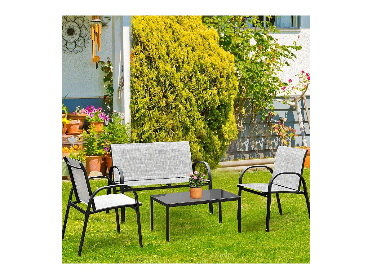 Salon de Jardin 4 Places 4 Pièces en Textilène avec 2 Chaises 1 Banc et 1 Table Basse Vitrée Cadre en Métal pour Baclon/Terrasse/Patio,Gris