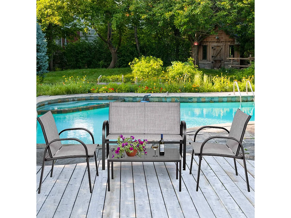 Salon de Jardin 4 Places 4 Pièces en Textilène avec 2 Chaises 1 Banc et 1 Table Basse Vitrée Cadre en Métal pour Baclon/Terrasse/Patio,Gris