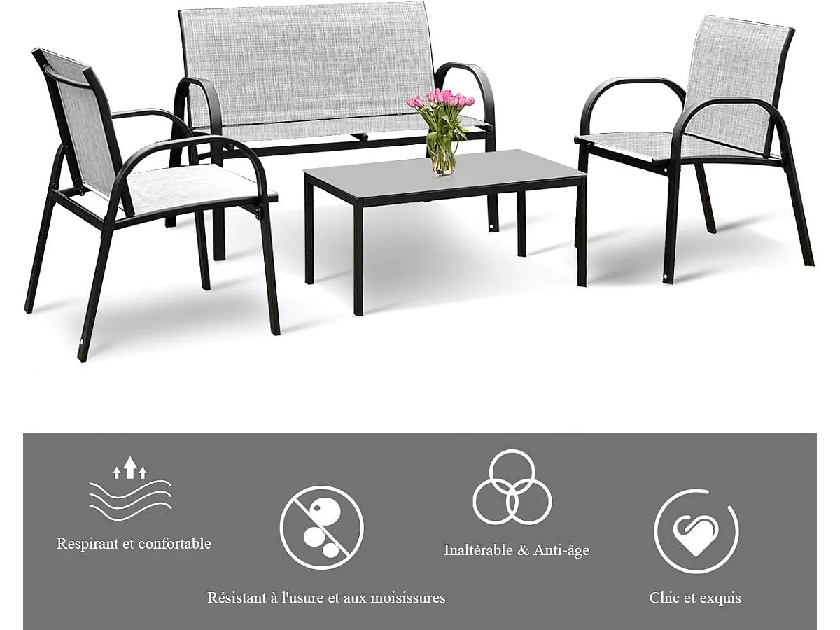 Salon de Jardin 4 Places 4 Pièces en Textilène avec 2 Chaises 1 Banc et 1 Table Basse Vitrée Cadre en Métal pour Baclon/Terrasse/Patio,Gris