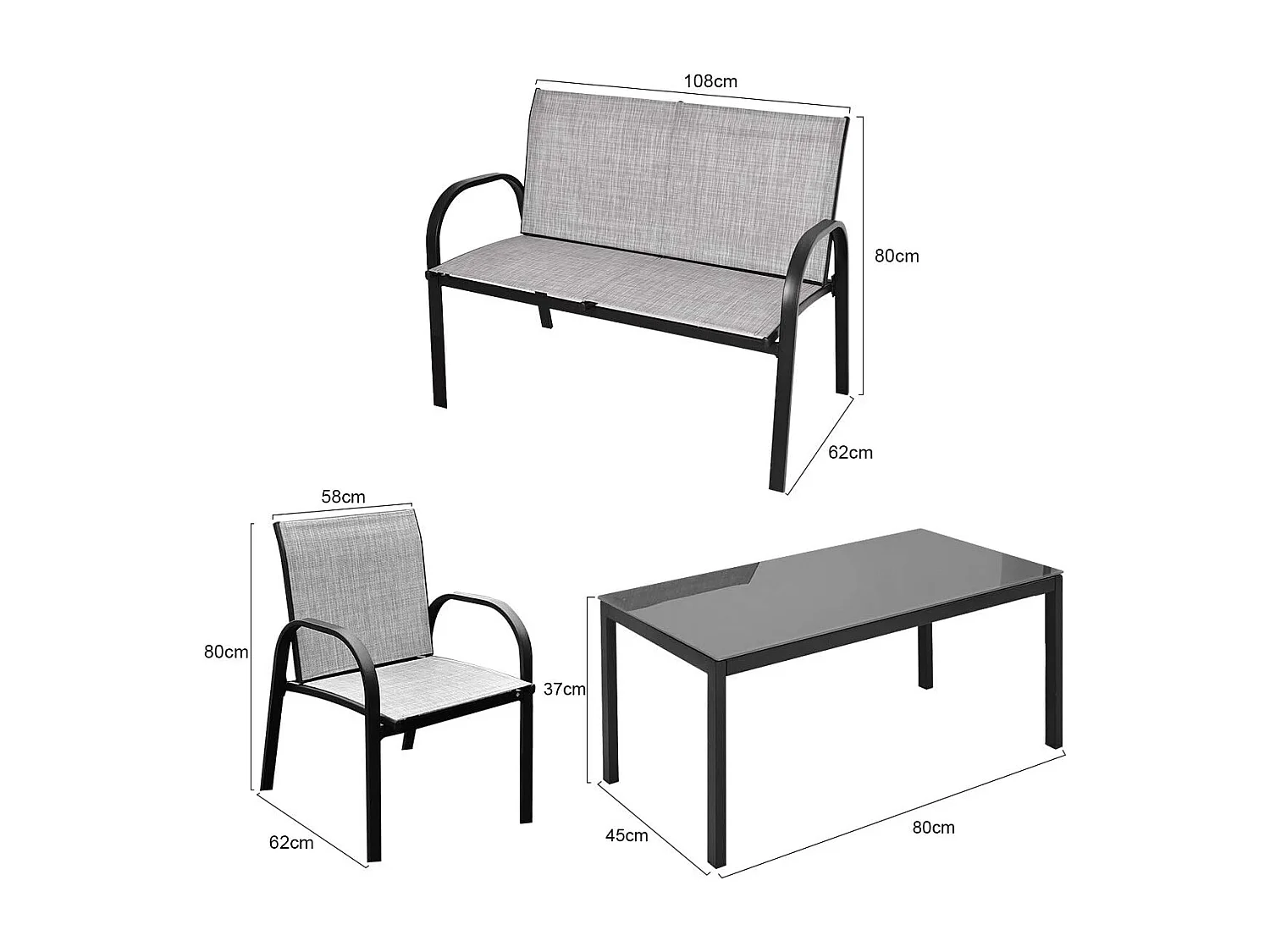 Salon de Jardin 4 Places 4 Pièces en Textilène avec 2 Chaises 1 Banc et 1 Table Basse Vitrée Cadre en Métal pour Baclon/Terrasse/Patio,Gris