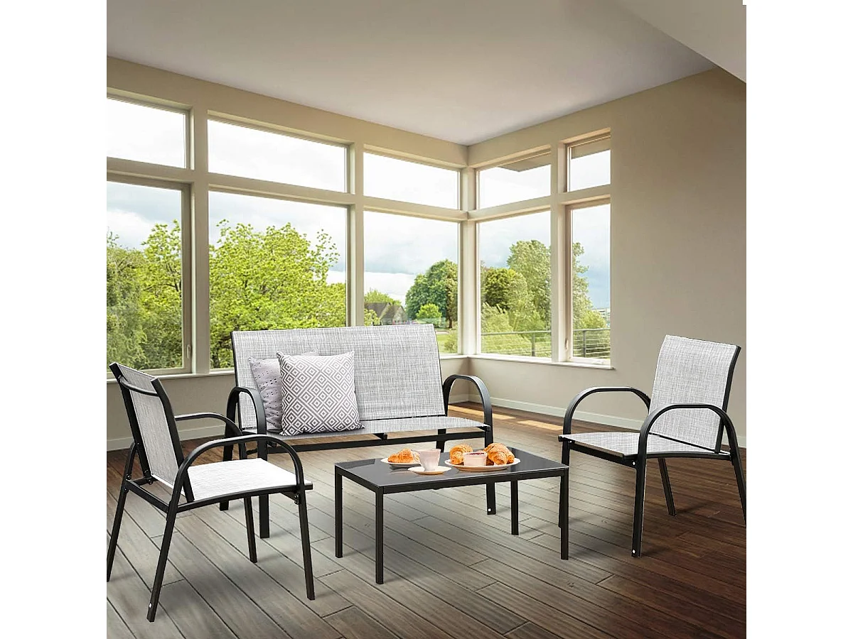 Salon de Jardin 4 Places 4 Pièces en Textilène avec 2 Chaises 1 Banc et 1 Table Basse Vitrée Cadre en Métal pour Baclon/Terrasse/Patio,Gris