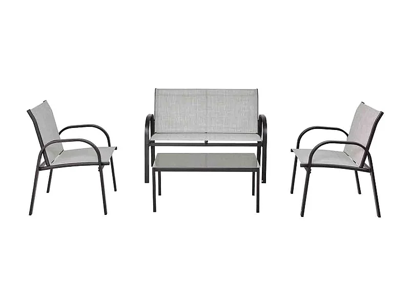Salon de Jardin 4 Places 4 Pièces en Textilène avec 2 Chaises 1 Banc et 1 Table Basse Vitrée Cadre en Métal pour Baclon/Terrasse/Patio,Gris