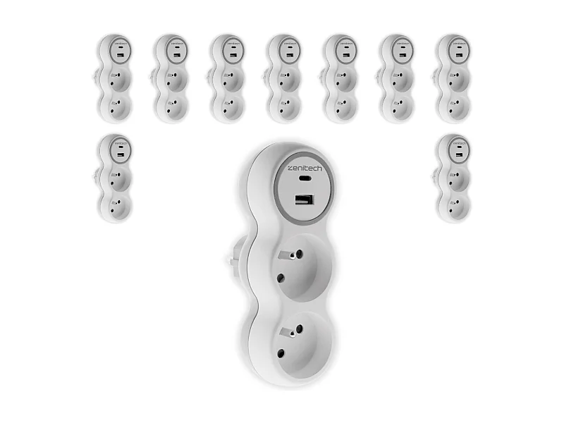 Lot de 10 prises 2x16A + 2 ports USB A/C - Blanc et Gris - Bolea - Zenitech