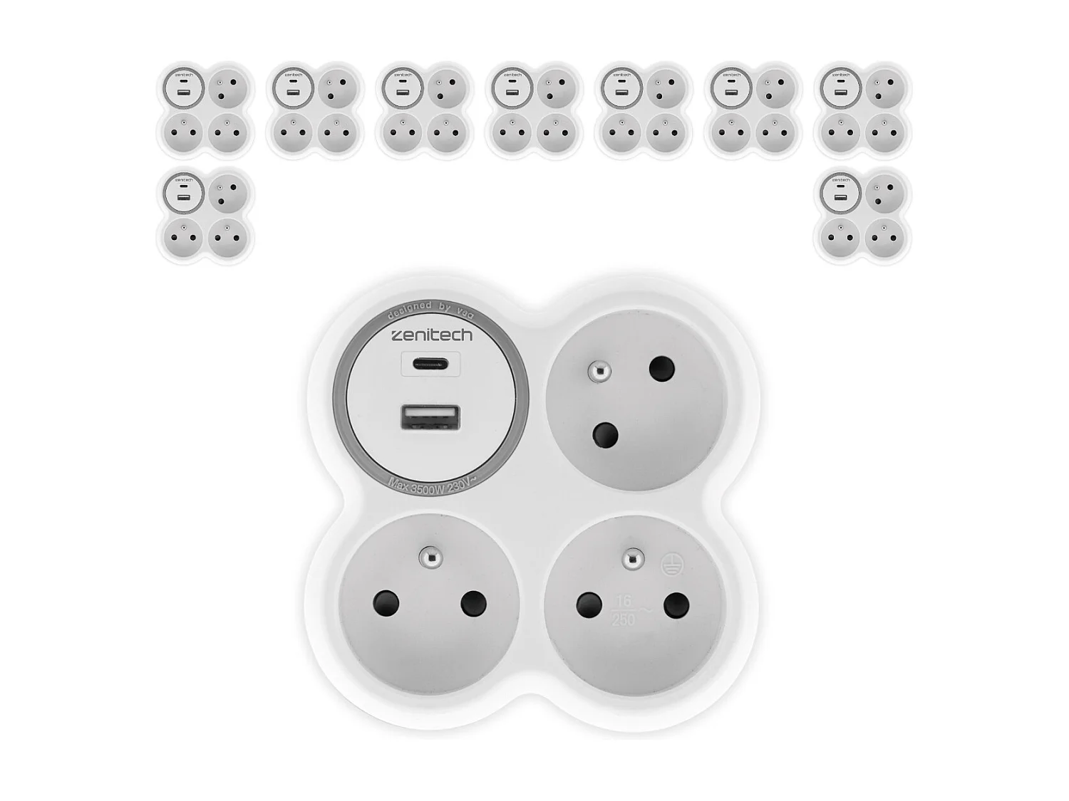 Lot de 5 prises 3x16A + 2 ports USB A/C - Blanc et Gris - Bolea - Zenitech
