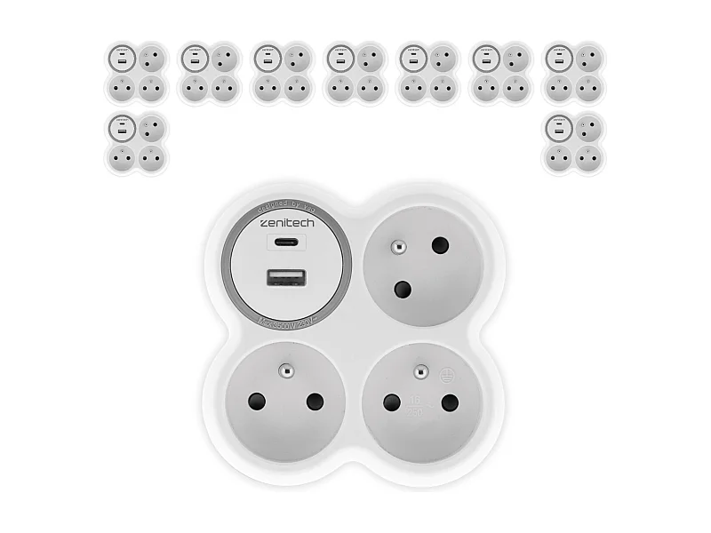 Lot de 5 prises 3x16A + 2 ports USB A/C - Blanc et Gris - Bolea - Zenitech