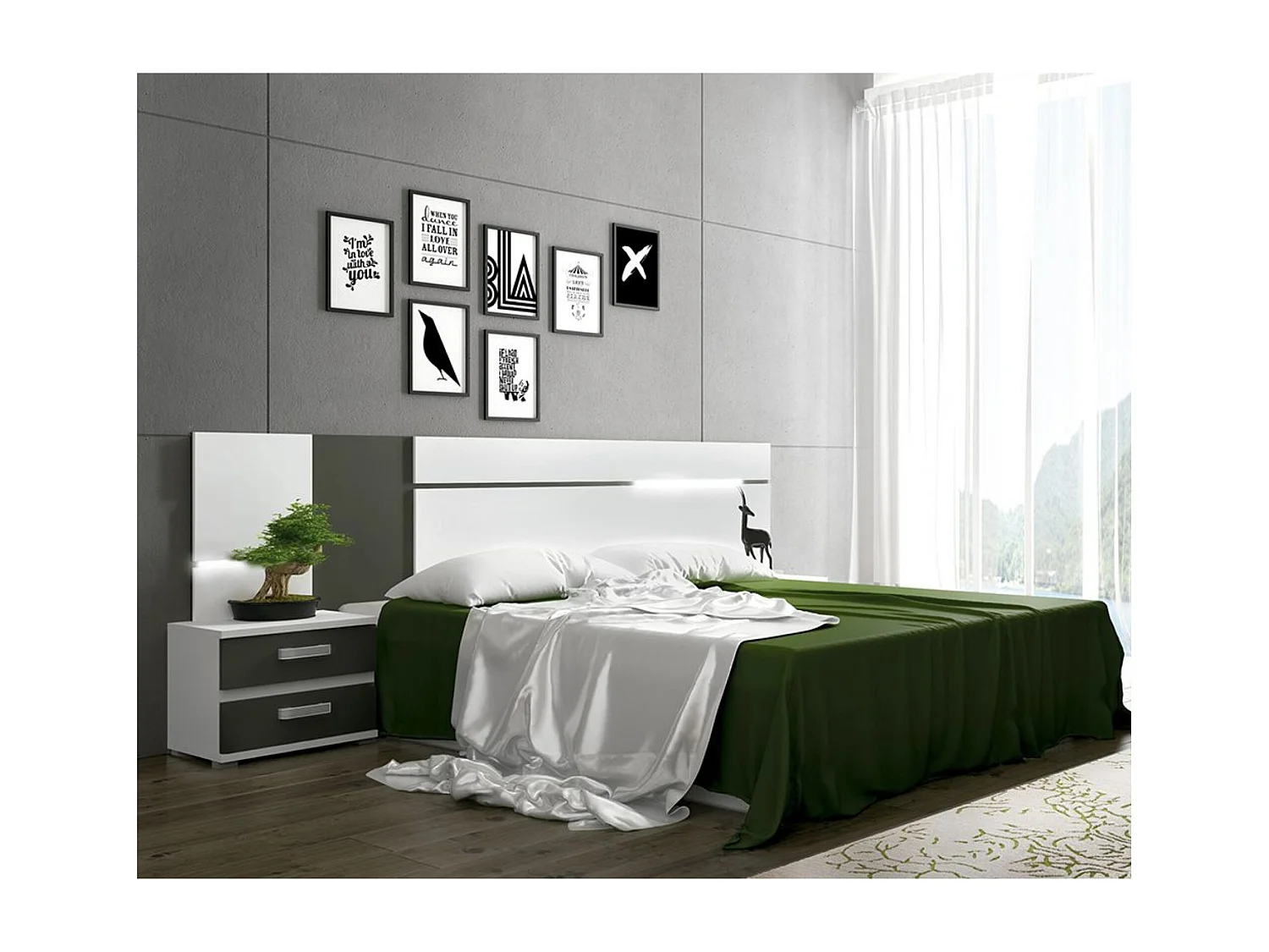 Mesita de Noche, Mesilla de Dormitorio 2 Cajones, Acabado en Color Blanco y Grafito, Medidas: 60 cm (Largo) x 40 cm (Fondo) x 50 cm (Alto) - Meyvaser