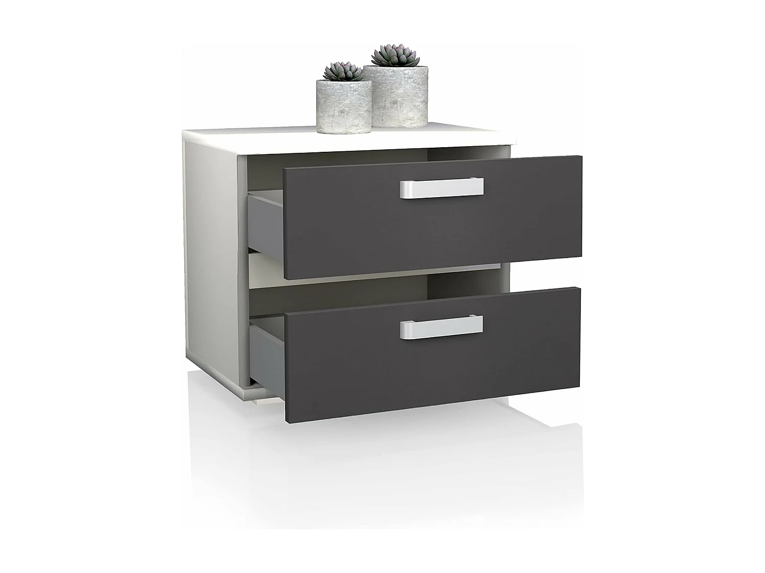 Mesita de Noche, Mesilla de Dormitorio 2 Cajones, Acabado en Color Blanco y Grafito, Medidas: 60 cm (Largo) x 40 cm (Fondo) x 50 cm (Alto) - Meyvaser