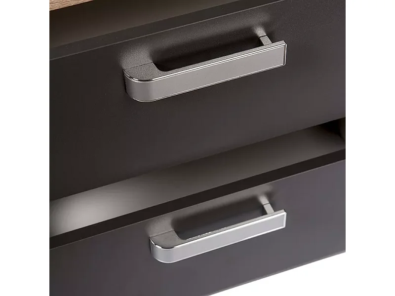 Mesita de Noche, Mesilla de Dormitorio 2 Cajones, Acabado en Color Cambria y Grafito, Medidas: 60 cm (Largo) x 40 cm (Fondo) x 50 cm (Alto) - Meyvaser