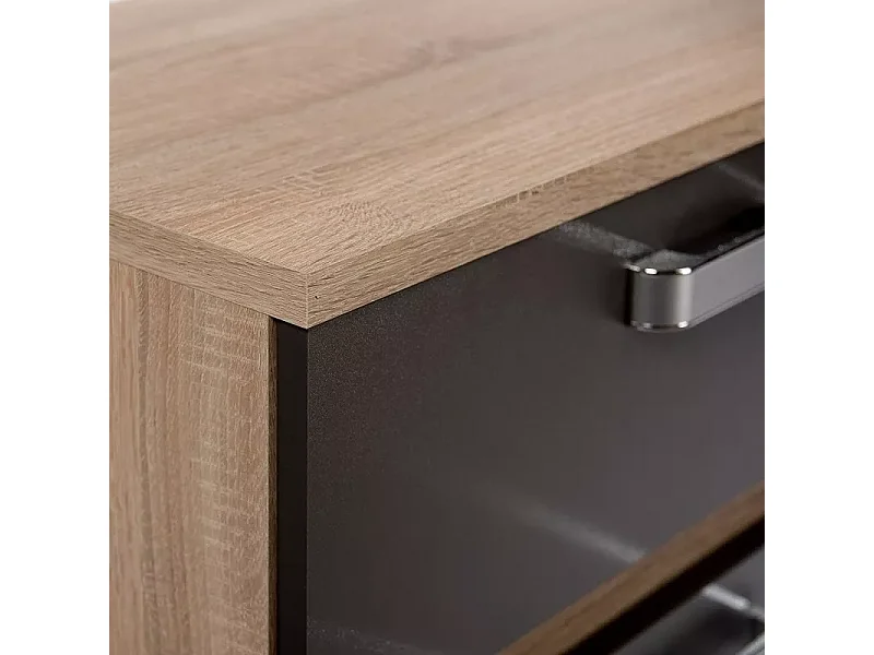 Mesita de Noche, Mesilla de Dormitorio 2 Cajones, Acabado en Color Cambria y Grafito, Medidas: 60 cm (Largo) x 40 cm (Fondo) x 50 cm (Alto) - Meyvaser