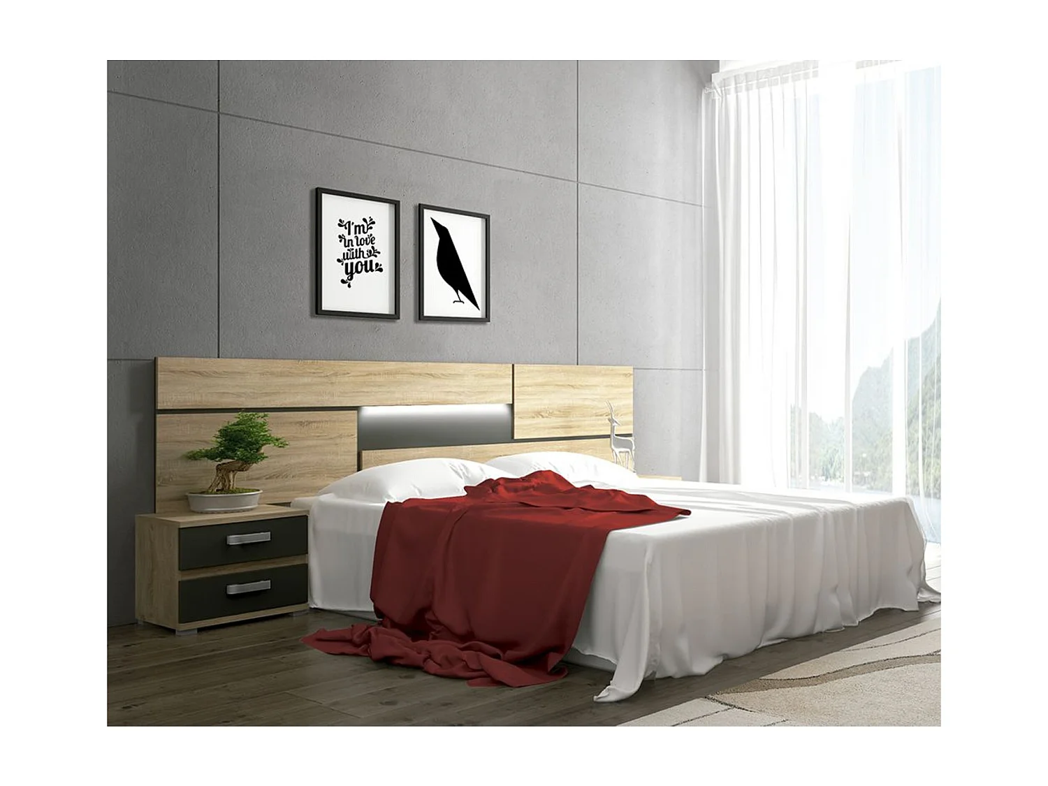 Mesita de Noche, Mesilla de Dormitorio 2 Cajones, Acabado en Color Cambria y Grafito, Medidas: 60 cm (Largo) x 40 cm (Fondo) x 50 cm (Alto) - Meyvaser