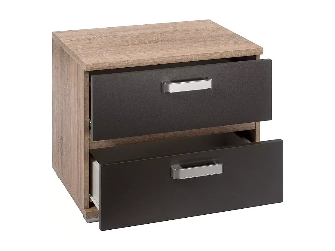 Mesita de Noche, Mesilla de Dormitorio 2 Cajones, Acabado en Color Cambria y Grafito, Medidas: 60 cm (Largo) x 40 cm (Fondo) x 50 cm (Alto) - Meyvaser