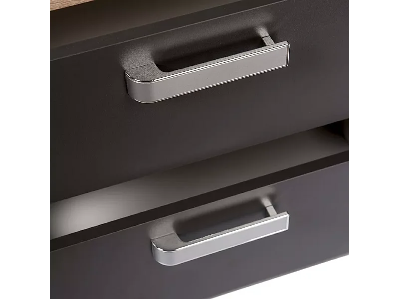 Mesita de Noche, Mesilla de Dormitorio 2 Cajones, Acabado en Color Cambria y Grafito, Medidas: 60 cm (Largo) x 40 cm (Fondo) x 50 cm (Alto) - Meyvaser