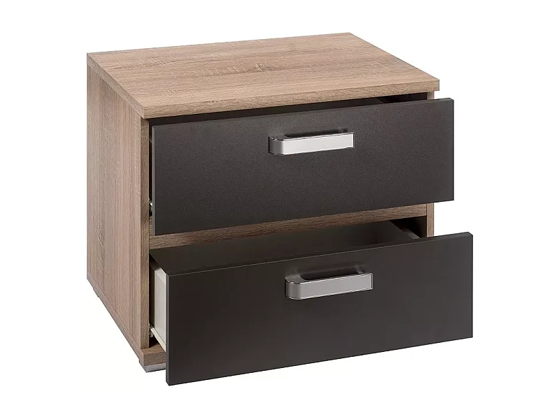 Mesita de Noche, Mesilla de Dormitorio 2 Cajones, Acabado en Color Cambria y Grafito, Medidas: 60 cm (Largo) x 40 cm (Fondo) x 50 cm (Alto) - Meyvaser
