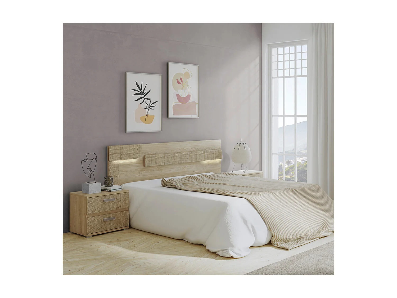 Mesita de Noche, Mesilla de Dormitorio 2 Cajones, Acabado en Color Puccini-Textil, Medidas: 60 cm (Largo) x 40 cm (Fondo) x 50 cm (Alto) - Meyvaser