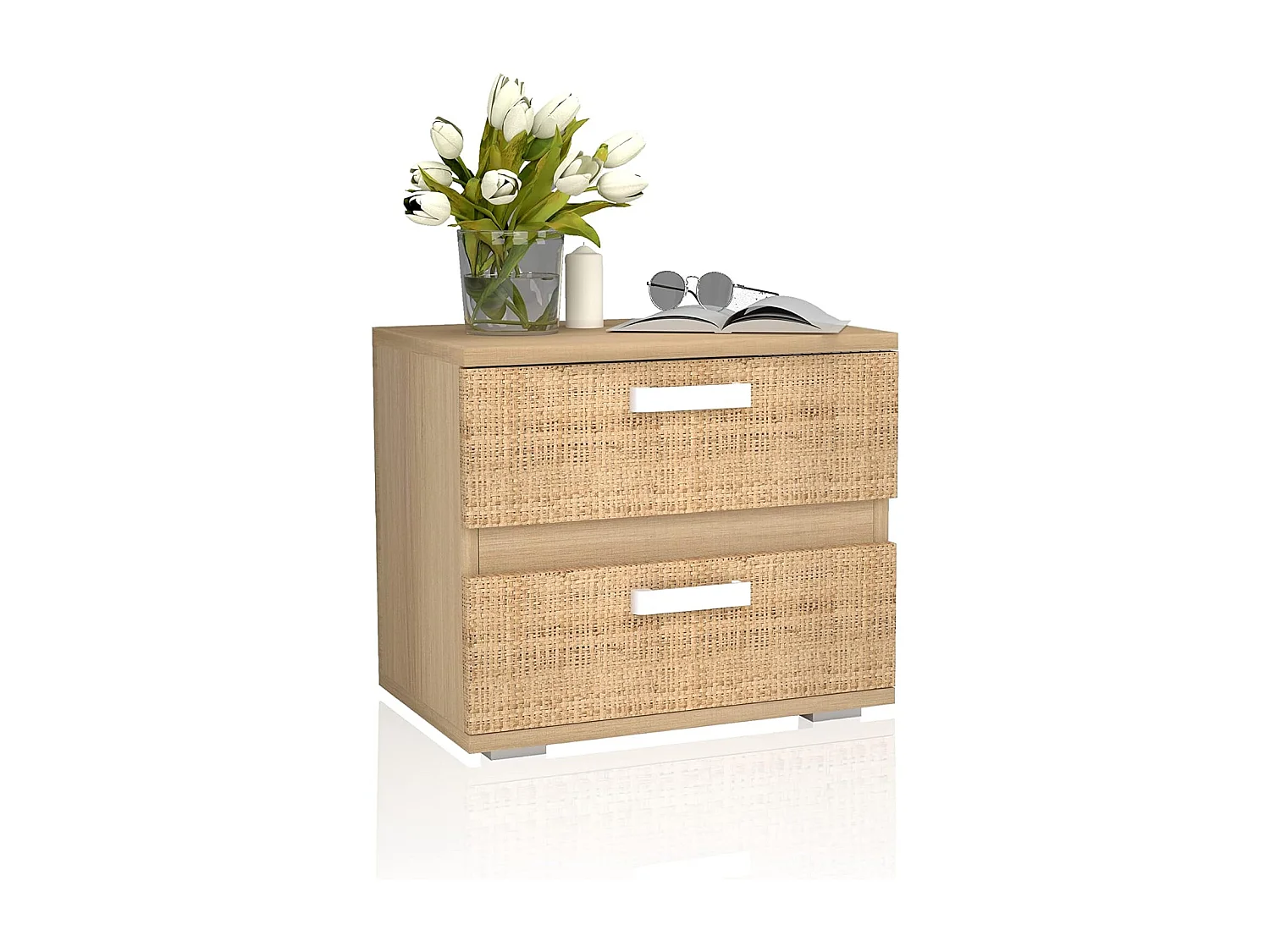 Mesita de Noche, Mesilla de Dormitorio 2 Cajones, Acabado en Color Puccini-Textil, Medidas: 60 cm (Largo) x 40 cm (Fondo) x 50 cm (Alto) - Meyvaser