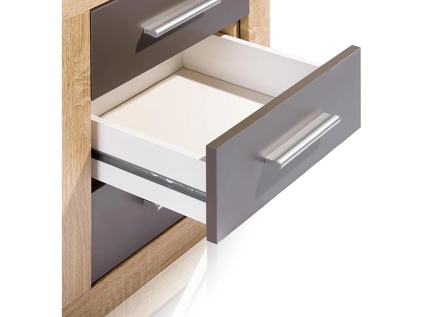 BricoExpo - Mesita de Noche, Mesilla de Dormitorio, Color Cambria y Grafito, Medidas: 50 cm (Largo) x 34,6 cm (Fondo) x 60 cm (Alto)