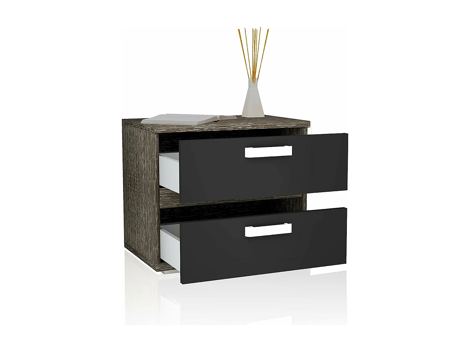 Mesita de Noche, Mesilla de Dormitorio 2 Cajones, Acabado en Color Negro, Medidas: 60 cm (Largo) x 40 cm (Fondo) x 50 cm (Alto) - Meyvaser