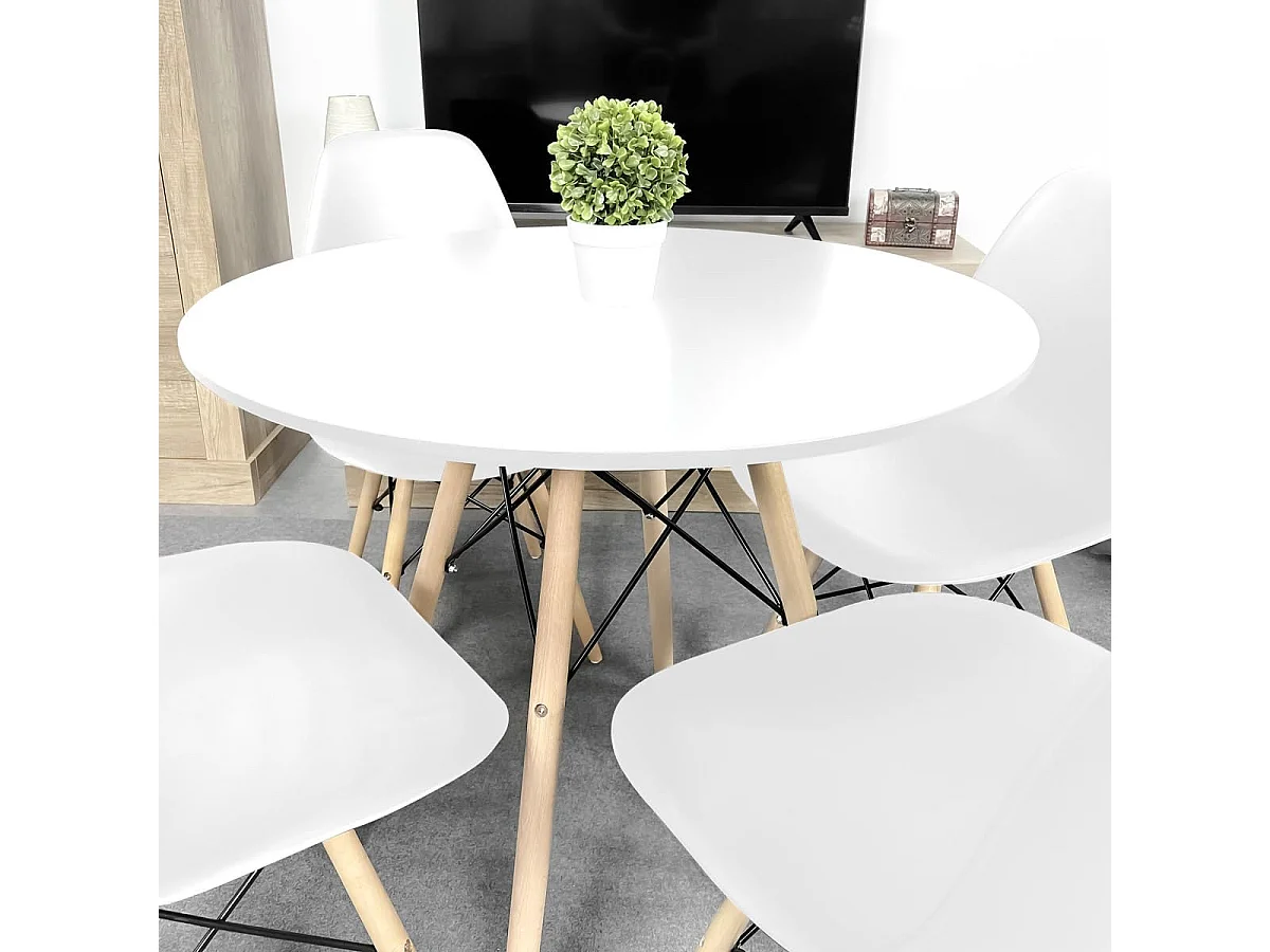 Conjunto Mesa y Sillas Nórdicas: Mesa Blanca (80x80x76 cm) + 4 Sillas de Polipropileno Blanca con Patas de Madera Haya (46,5 x 48 x 82 cm) – Para Come
