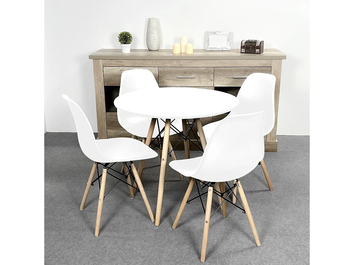 Conjunto Mesa y Sillas Nórdicas: Mesa Blanca (80x80x76 cm) + 4 Sillas de Polipropileno Blanca con Patas de Madera Haya (46,5 x 48 x 82 cm) – Para Come