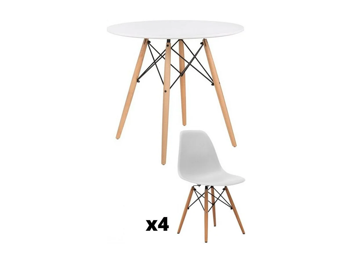 Conjunto Mesa y Sillas Nórdicas: Mesa Blanca (80x80x76 cm) + 4 Sillas de Polipropileno Blanca con Patas de Madera Haya (46,5 x 48 x 82 cm) – Para Come