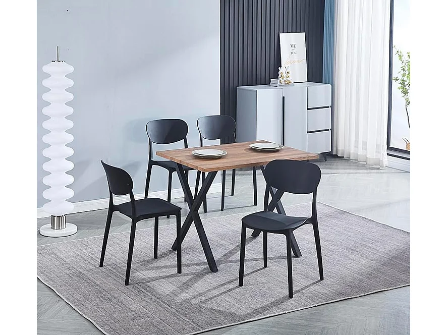 Conjunto Mesa y Sillas Comedor/Cocina: Mesa madera y Patas Metálicas En Negro (76x100x70 Cm) + 5 Sillas de Polipropileno Negro  (80x40x55 Cm)