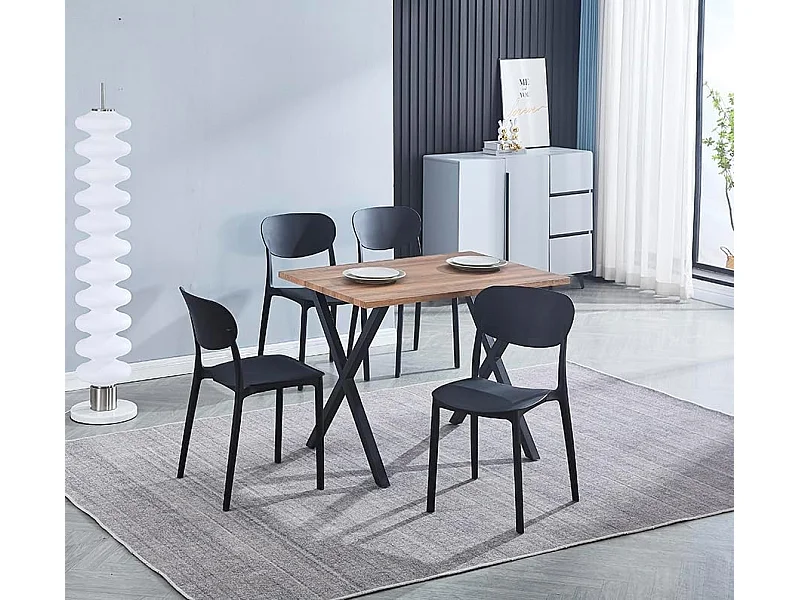 Conjunto Mesa y Sillas Comedor/Cocina: Mesa madera y Patas Metálicas En Negro (76x100x70 Cm) + 5 Sillas de Polipropileno Negro  (80x40x55 Cm)