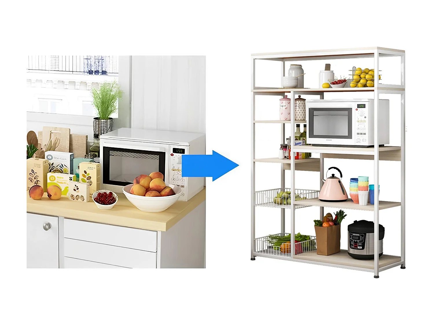 Estantería de Cocina, Estantería para Microondas, Estante Abierto de Pie 2 Mallas metálicas y múltiples Estantes 80x30x142cm, Color Blanco y Madera