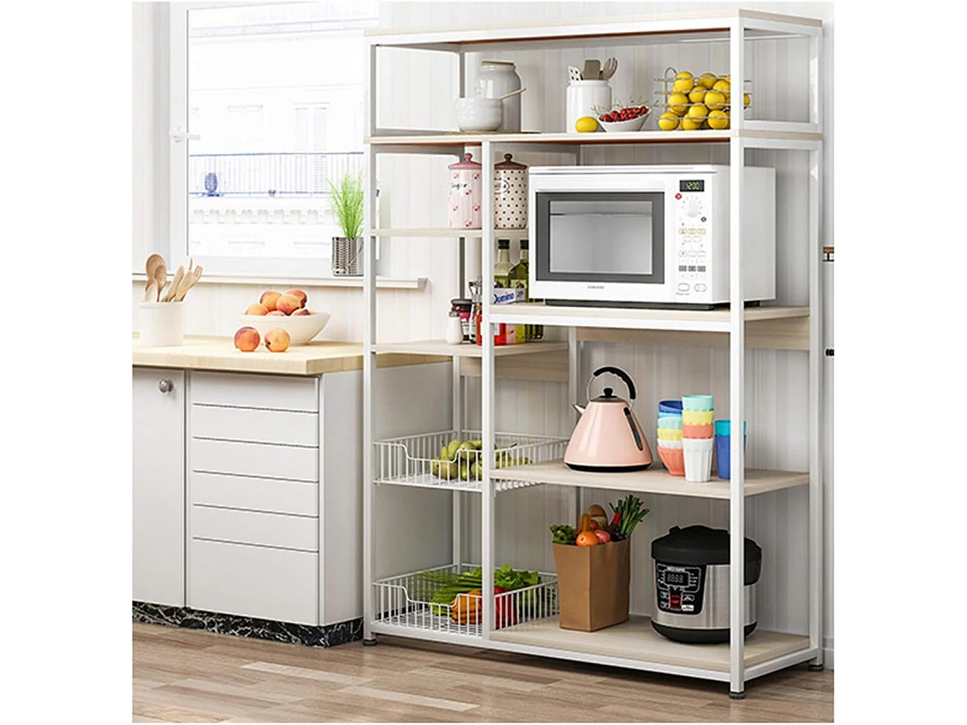 Estantería de Cocina, Estantería para Microondas, Estante Abierto de Pie 2 Mallas metálicas y múltiples Estantes 80x30x142cm, Color Blanco y Madera