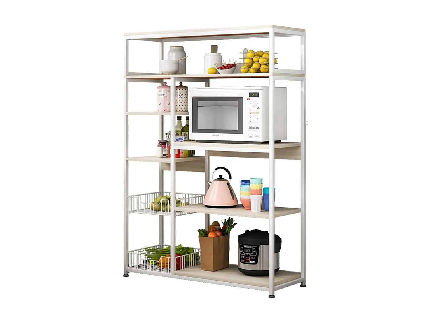 Estantería de Cocina, Estantería para Microondas, Estante Abierto de Pie 2 Mallas metálicas y múltiples Estantes 80x30x142cm, Color Blanco y Madera