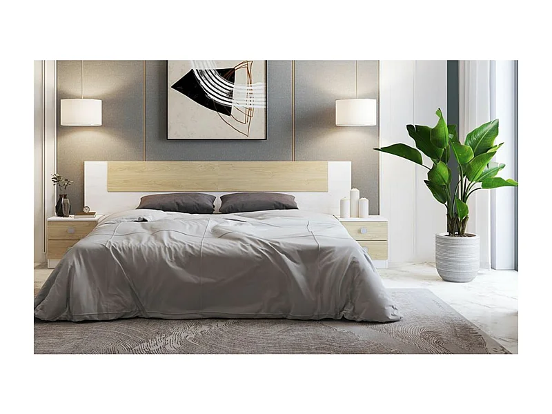 Cabezal + Dos Mesitas de Noche, Cabecero y Mesitas, Acabado en Blanco y Roble, Medidas: 247 cm (An) x 54 cm (Al) x 33 cm (Fon) - Meyvaser