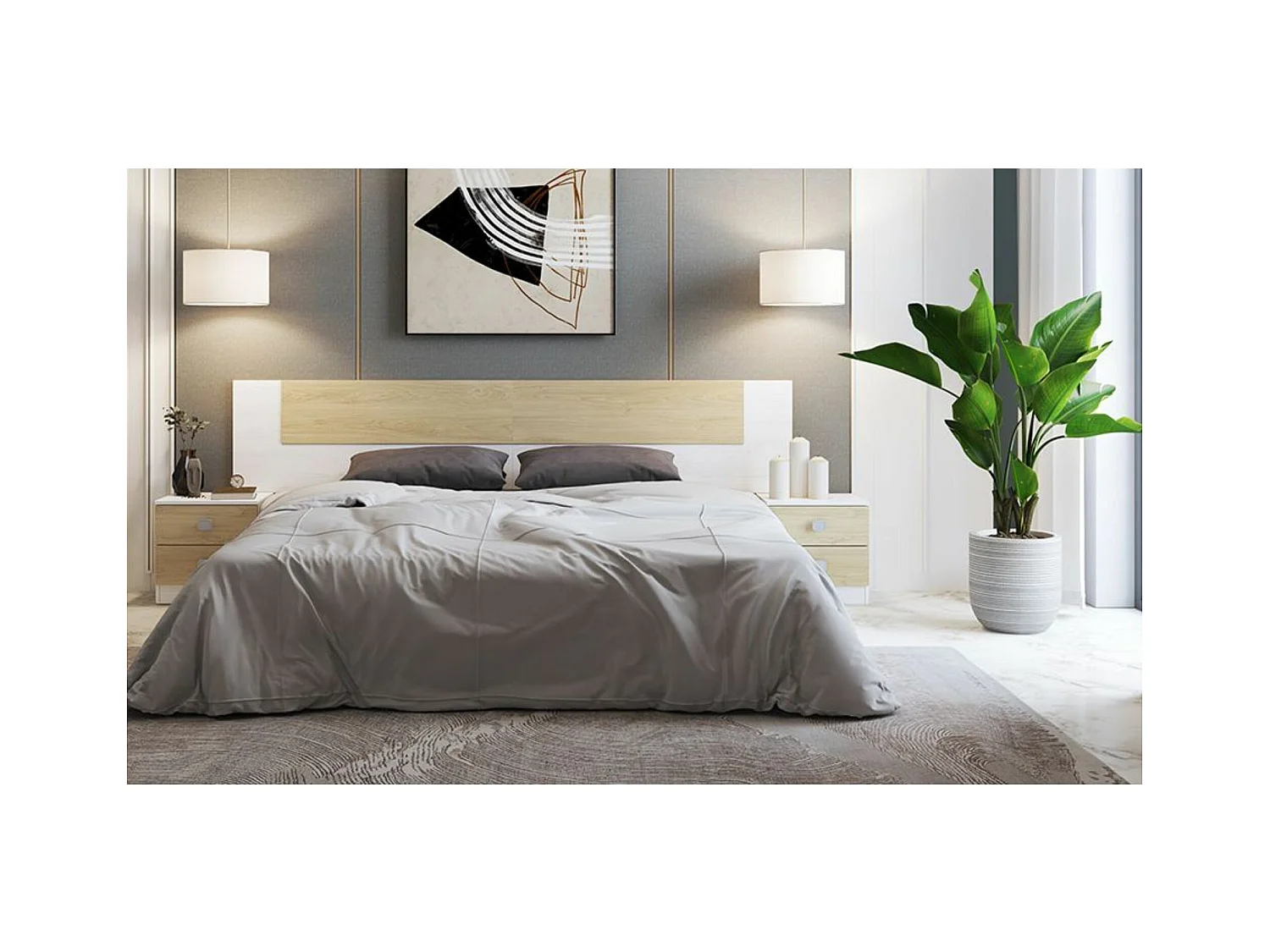 Cabezal + Dos Mesitas de Noche, Cabecero y Mesitas, Acabado en Blanco y Roble, Medidas: 247 cm (An) x 54 cm (Al) x 33 cm (Fon) - Meyvaser