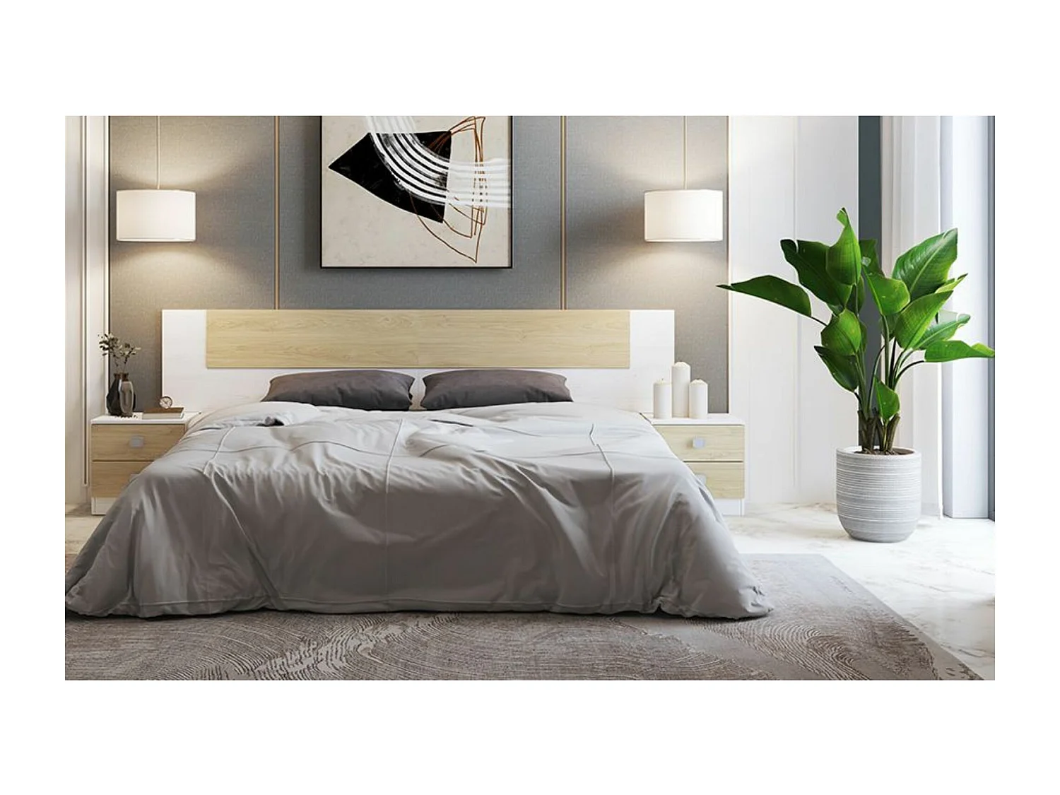 Cabezal + Dos Mesitas de Noche, Cabecero y Mesitas, Acabado en Blanco y Roble, Medidas: 247 cm (An) x 54 cm (Al) x 33 cm (Fon) - Meyvaser