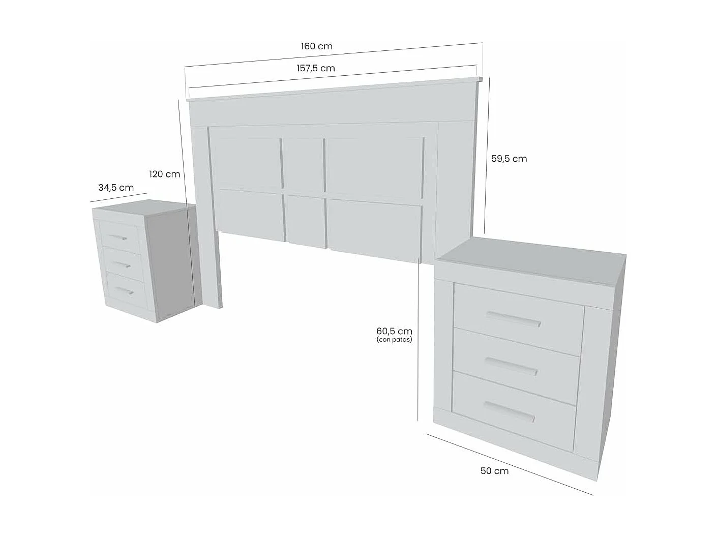 BricoExpo - Pack Cabecero de 160 x 120 cm + 2 Mesitas de Noche | Dormitorio Completo | Color Cambria y Blanco (para Cama de 135-140 o 160)