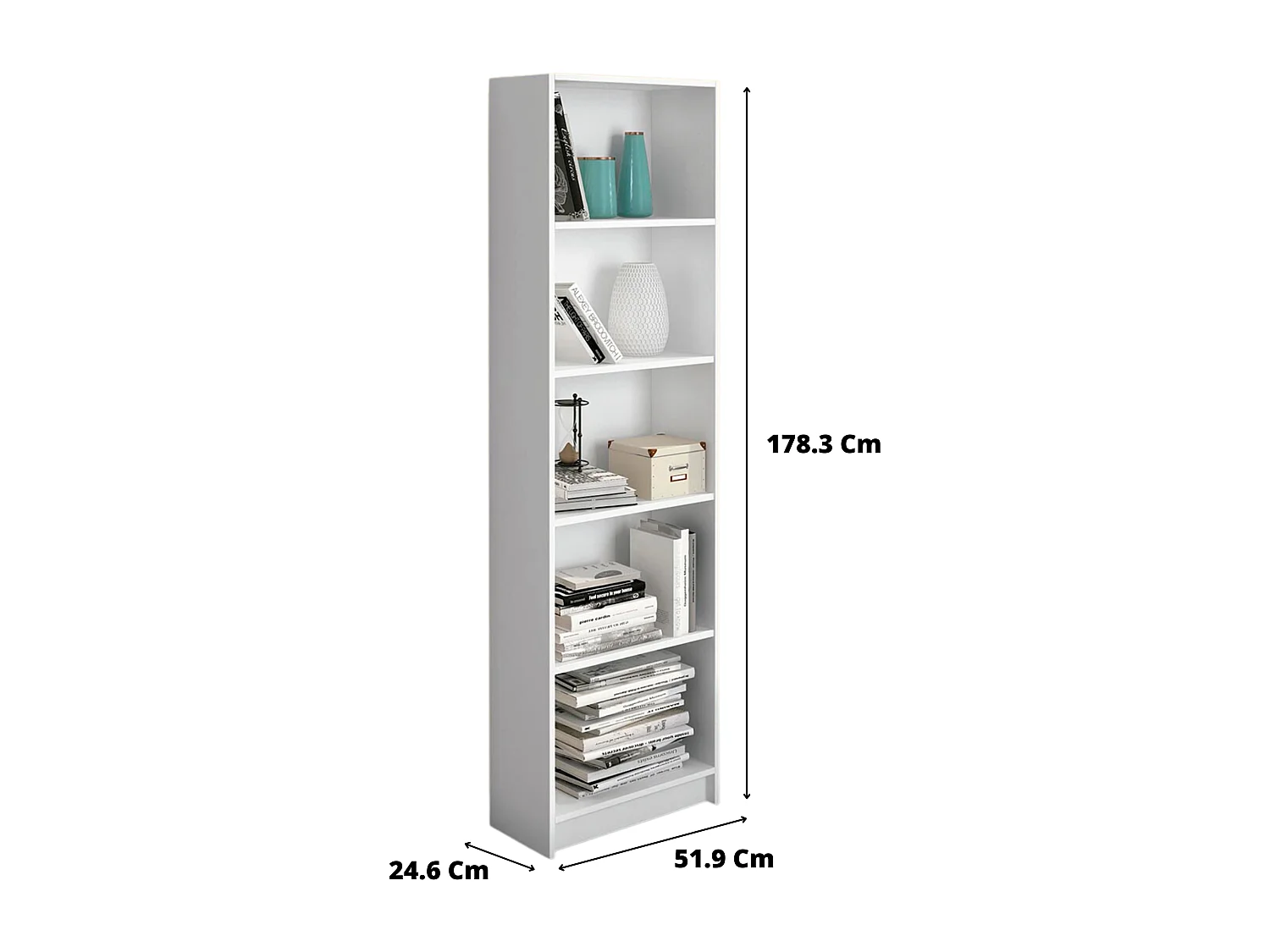Meyvaser Librería Estantería con Cinco baldas en madera color blanco para salón 178,3x51,9x24,6 cm