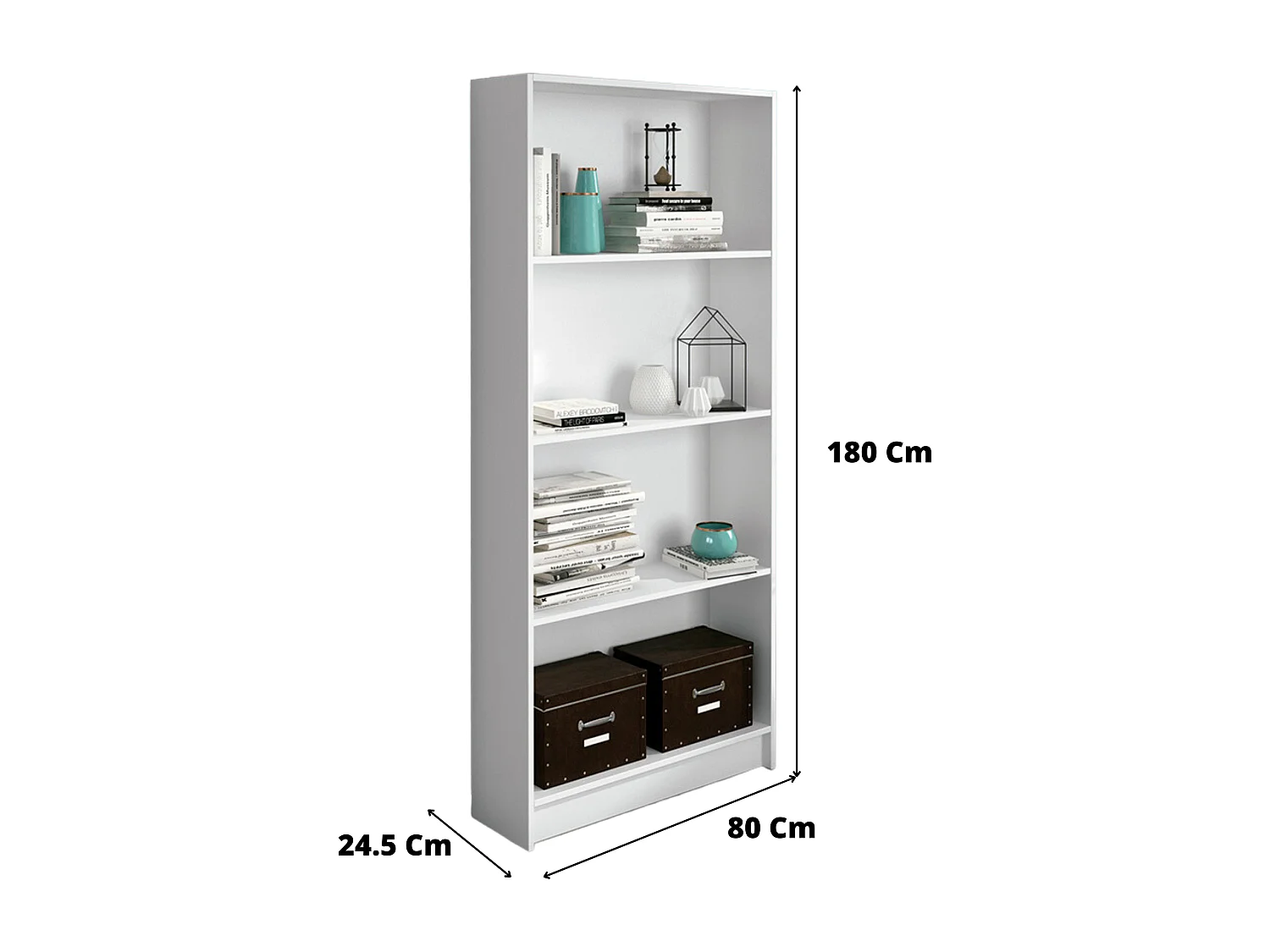 Meyvaser Librería estantería con cuatro baldas en madera color blanco para salón 180x80x24,5 cm