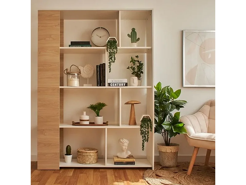 Estantería Decorativa, Librería, Separador Ambientes, Acabado en Roble y Blanco, Medidas: 176 cm (Alto) x 129 cm (Ancho) x 28 cm (Fondo) – Meyvaser