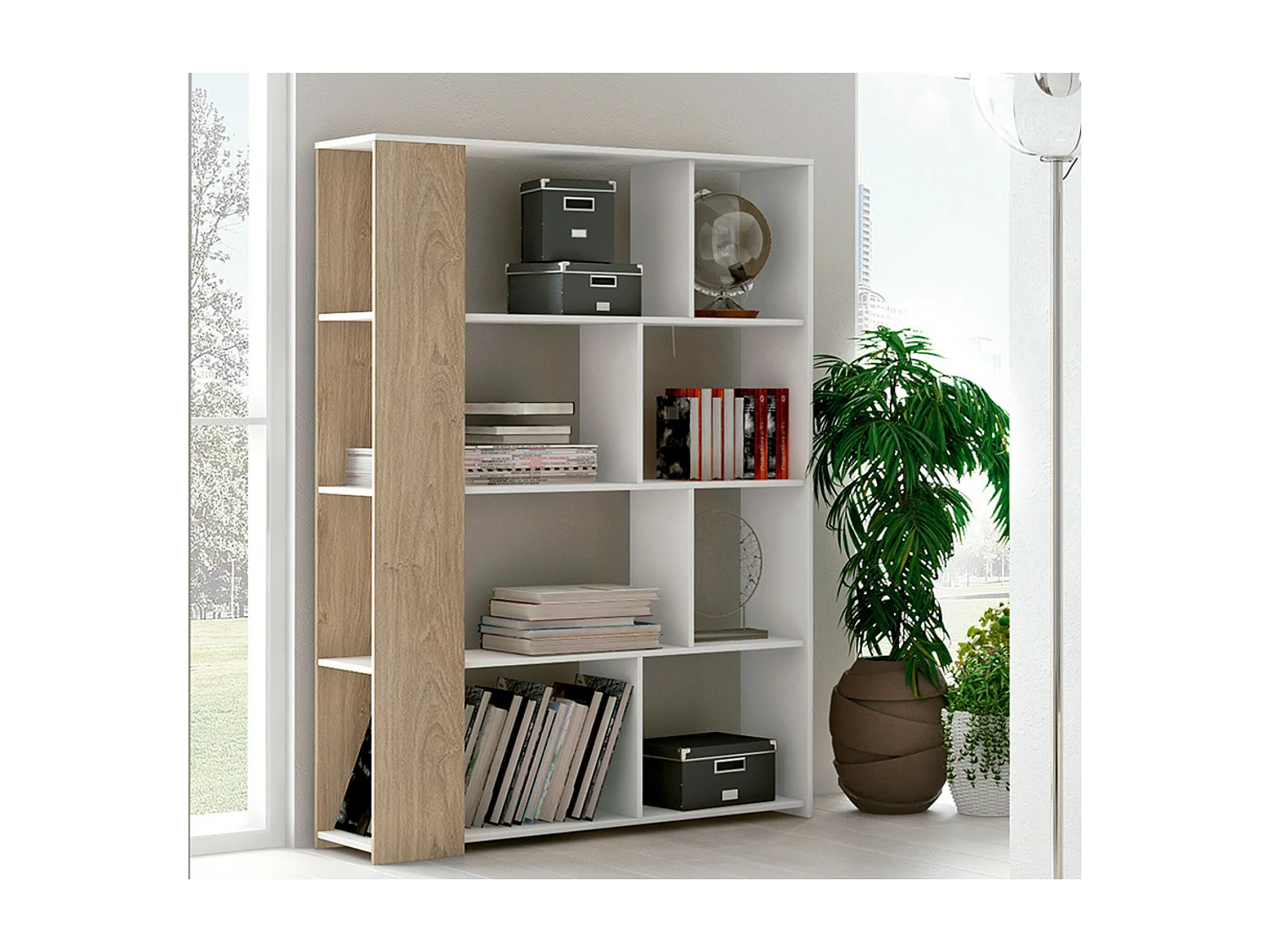 Estantería Decorativa, Librería, Separador Ambientes, Acabado en Roble y Blanco, Medidas: 176 cm (Alto) x 129 cm (Ancho) x 28 cm (Fondo) – Meyvaser