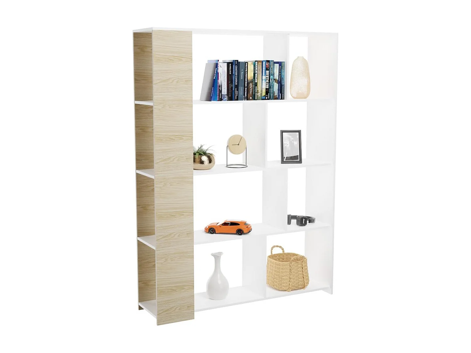 Estantería Decorativa, Librería, Separador Ambientes, Acabado en Roble y Blanco, Medidas: 176 cm (Alto) x 129 cm (Ancho) x 28 cm (Fondo) – Meyvaser