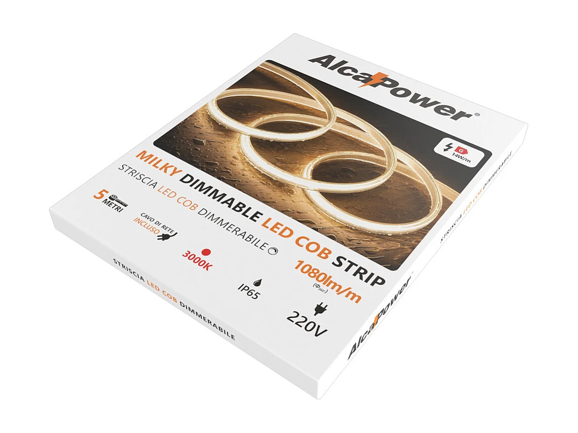 Tira LED COB Milky IP65 de un solo color de 5 m, 14 W/MT, 220 V, 3000 K