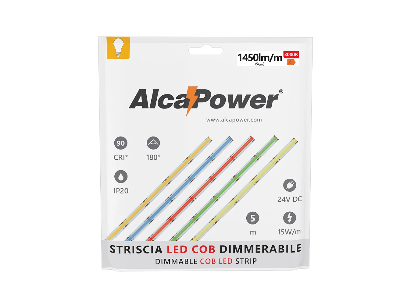 Tira LED COB IP20 de 5 m, monocolor, 15 W/MT, 24 V, 3000 K