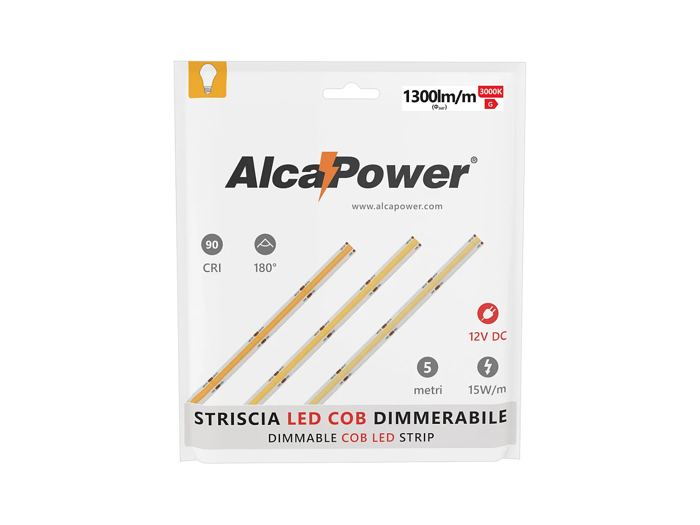 Tira LED COB IP20 monocolor de 5 m, 15 W/MT, 12 V, 4000 K