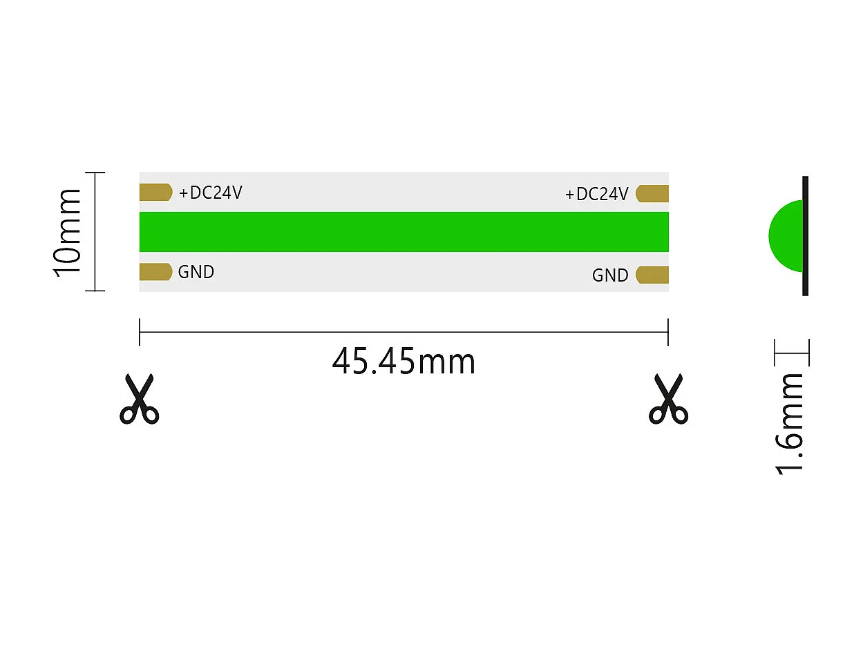 Bande LED COB monochrome 15W/MT 24V Bobine 5m Vert