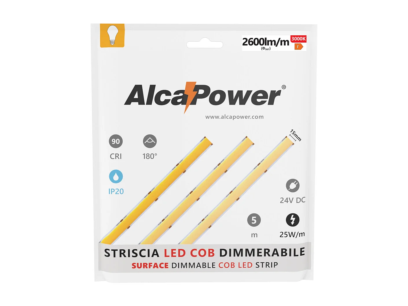 Tira LED COB SUPERFICIE IP20 monocolor de 5 m, 25 W/MT, 24 V, 4000 K