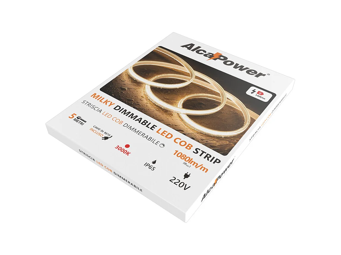 Tira LED COB Milky IP65 de un solo color de 5 m, 14 W/MT, 220 V, 6000 K