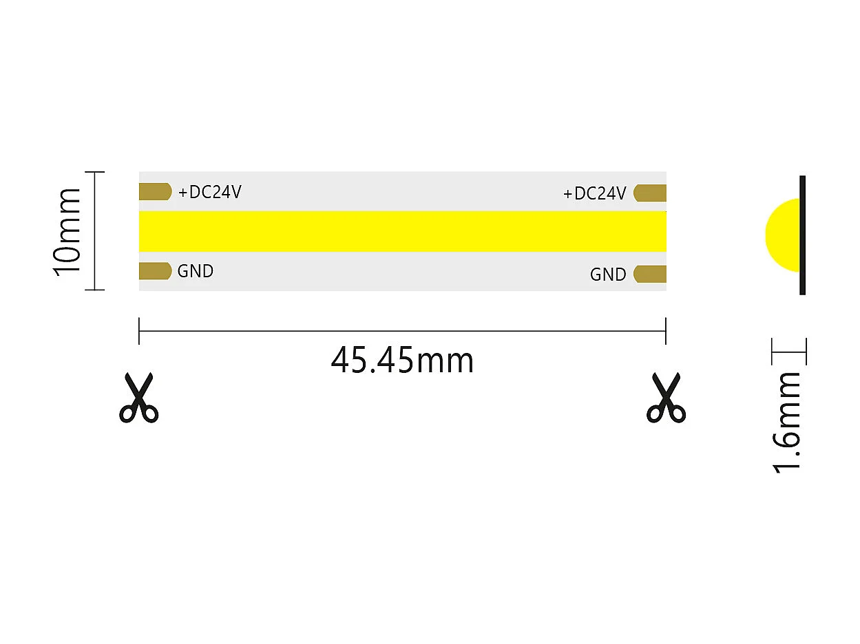 15W/MT 24V Single-Color COB LED Strip - 5m Reel - Yellow