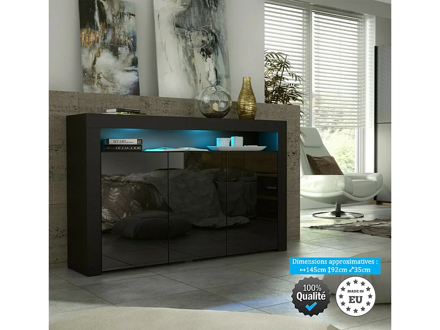 BUFFET JIVE 145 CM PORTES NOIR LAQUÉES AVEC LEDS
